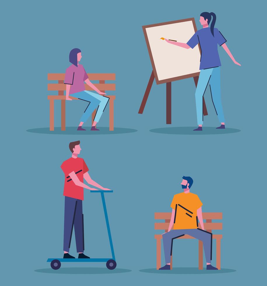 young people practicing activities characters vector