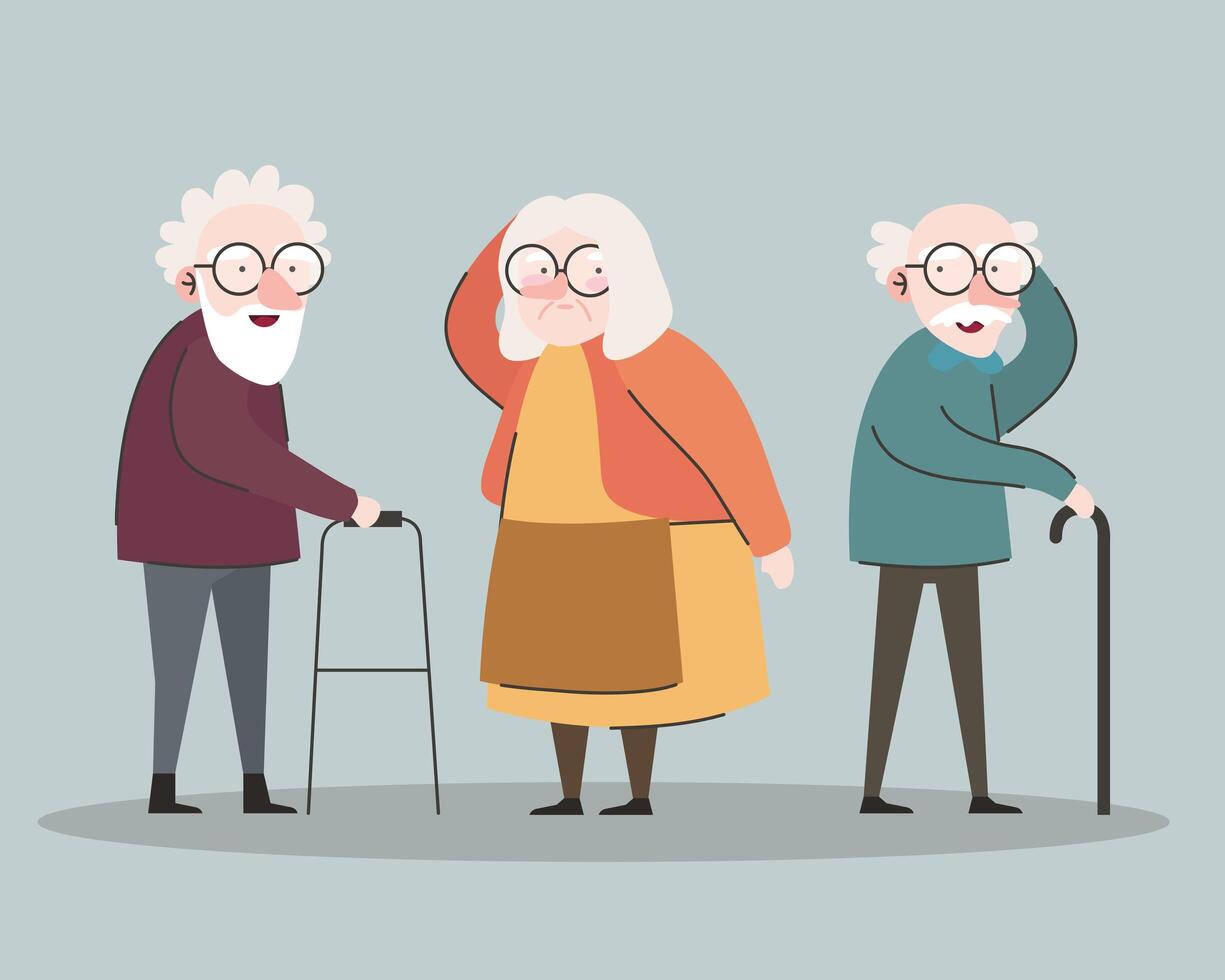 group of three grandparents using walker and cane characters vector