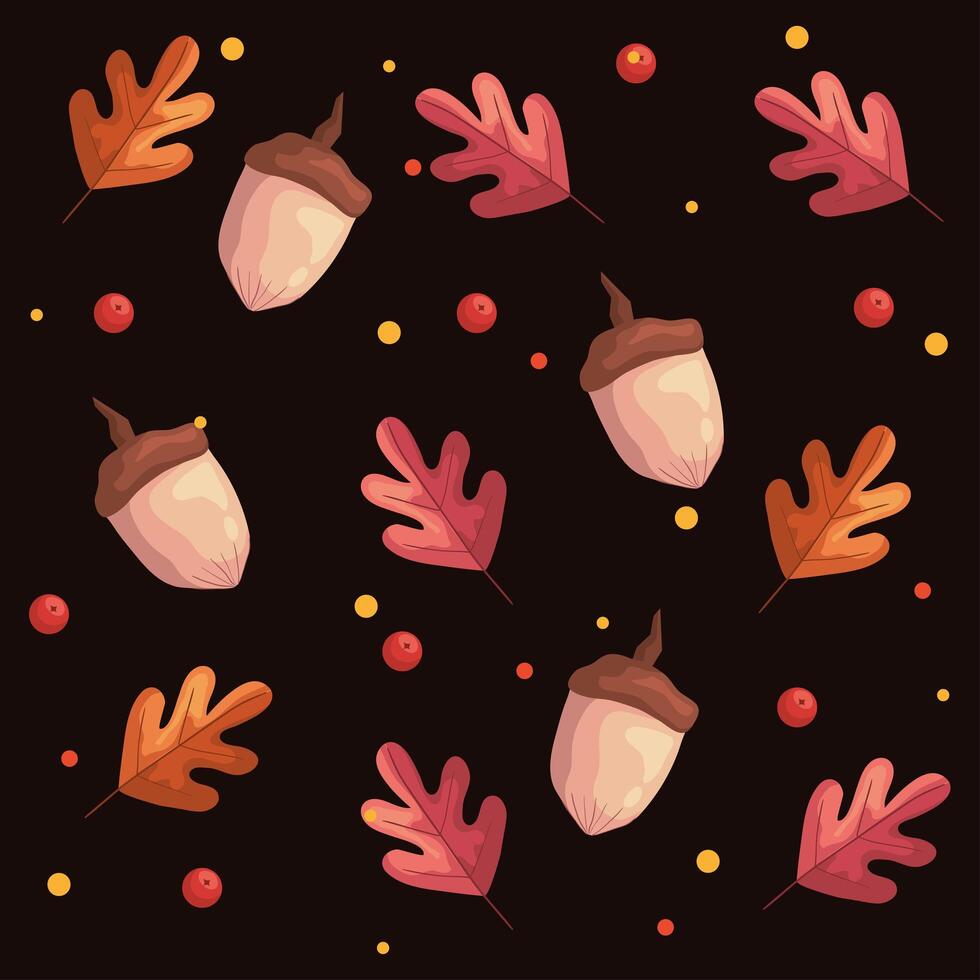 autumn leafs plants foliage and nuts pattern vector