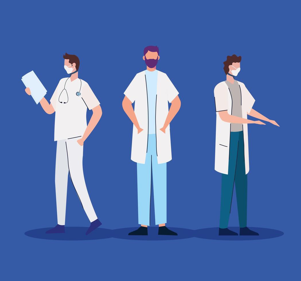 doctors group wearing medical masks characters vector