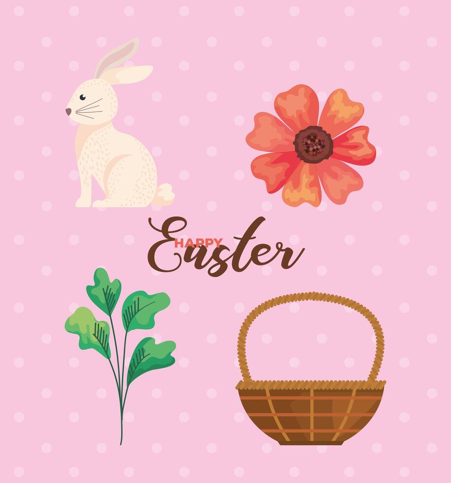 bundle of four happy easter celebration icons and lettering vector