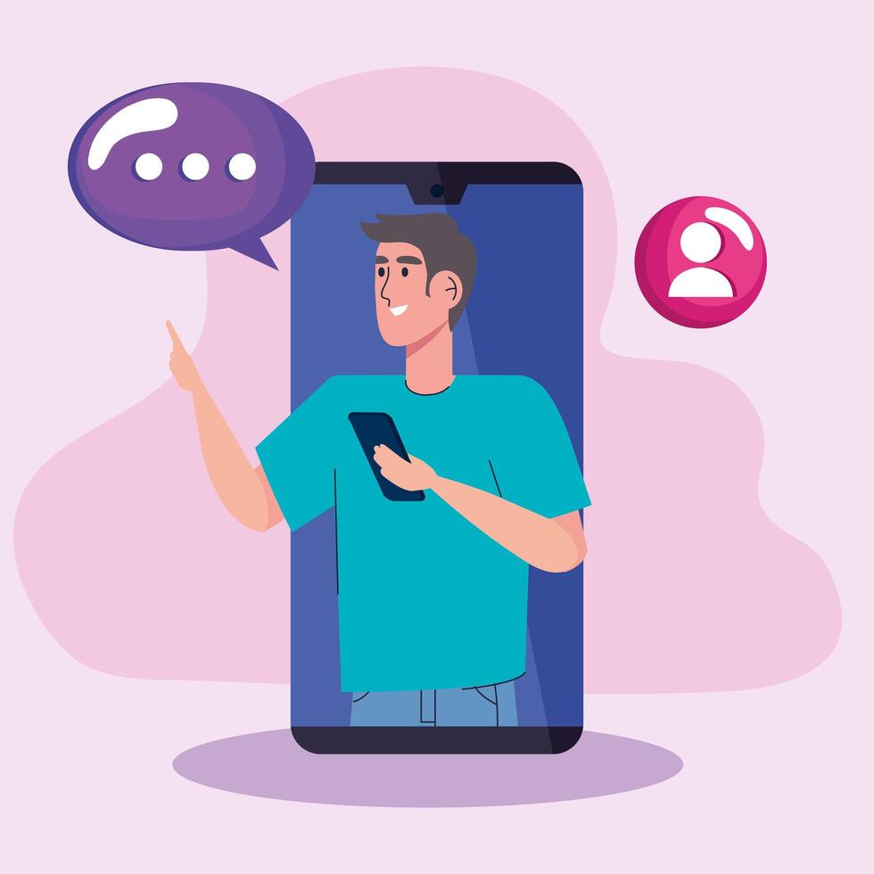 man in smartphone with social media icons vector