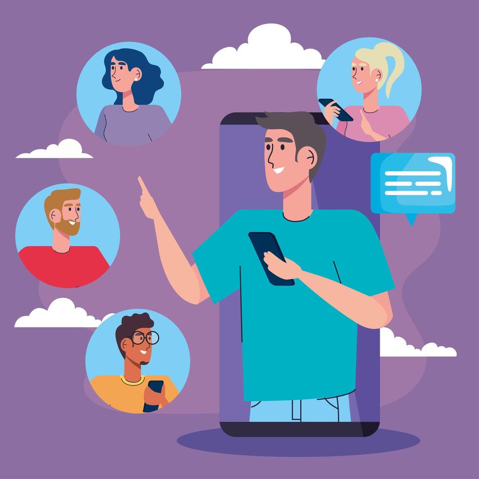 man in smartphone and community social media vector