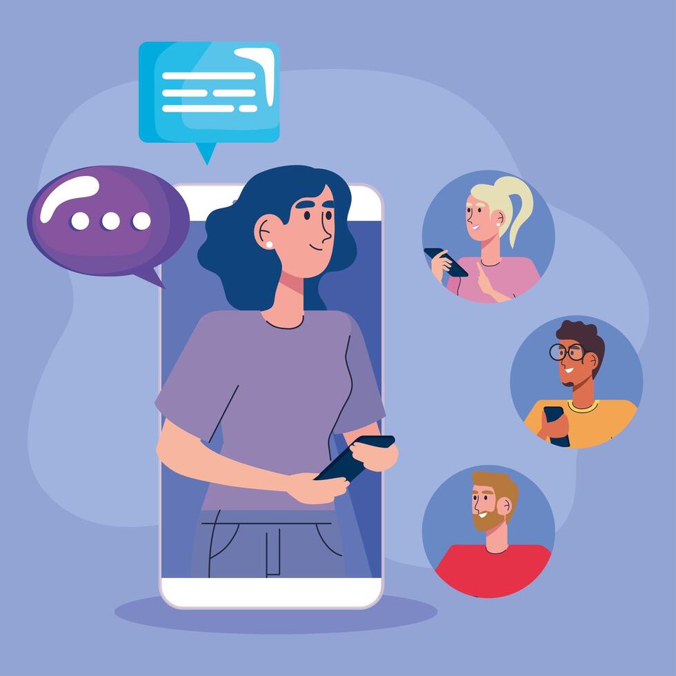 woman in smartphone with community and speech bubbles vector