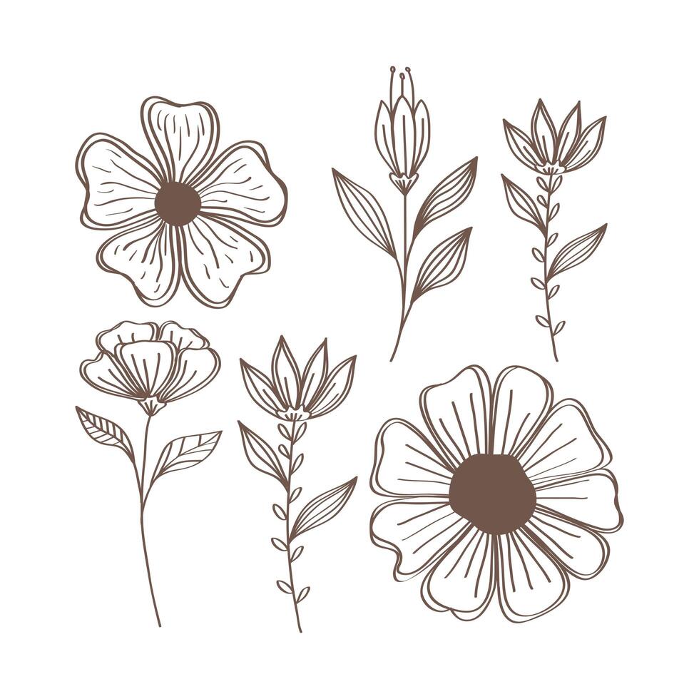 spring flowers and leafs hand drawn set icons vector