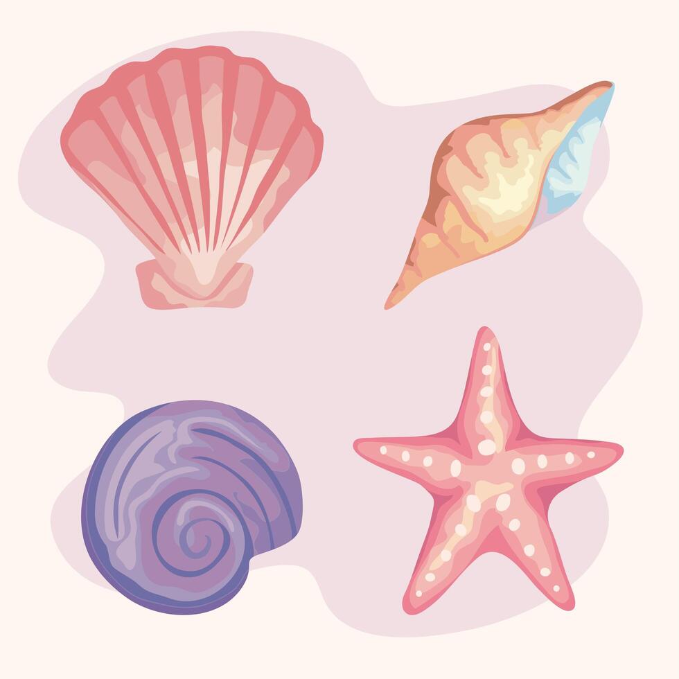 bundle of four sea shells colors set icons vector