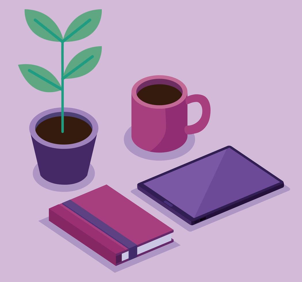 tablet with book and houseplant bundle of isometric workspace set icons vector