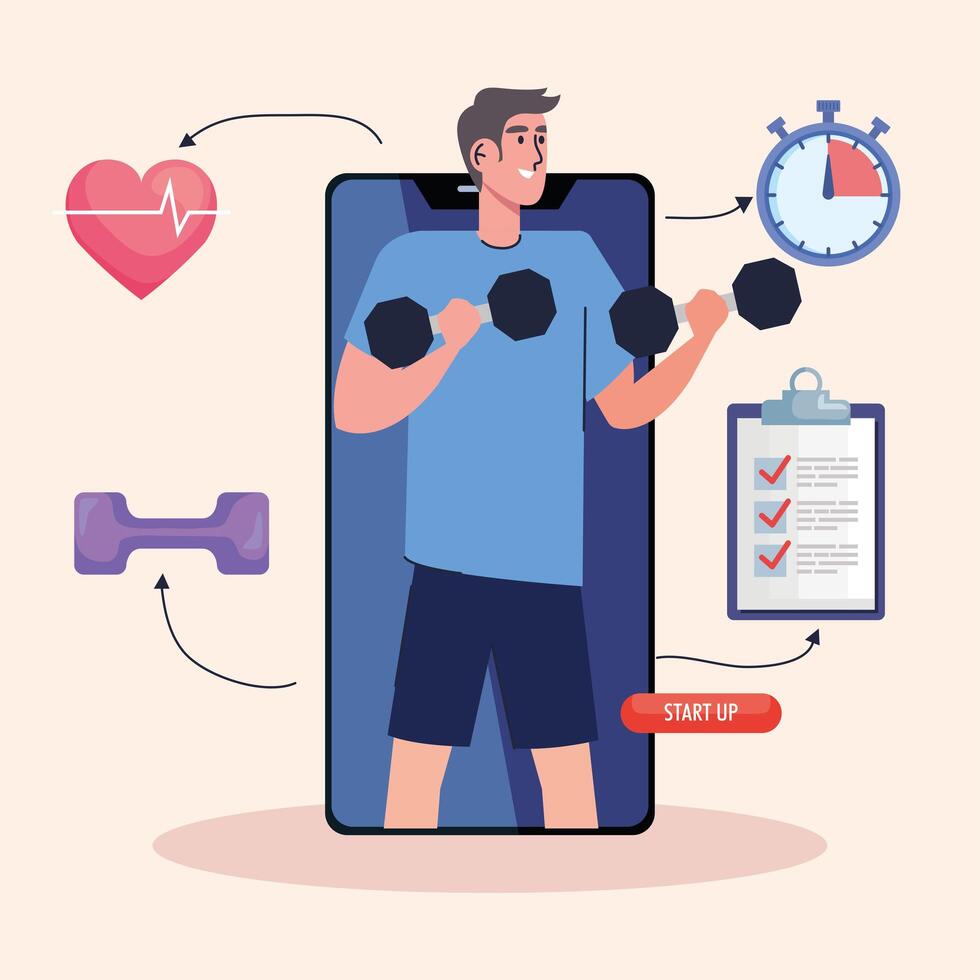 male athlete lifting dumbbells in smartphone with fitness lifestyle icons vector