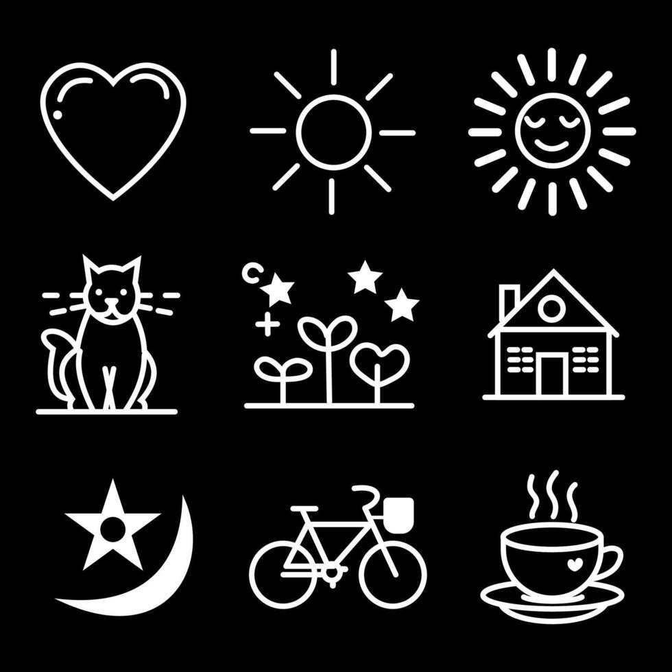 simple icons on the theme of the sun, a cat, a house, a bicycle, a heart, a cup of coffee, a star, a heart. vector