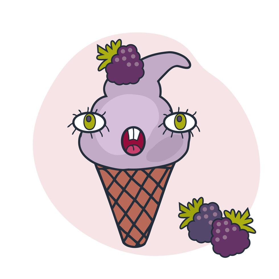 Crazy giggle face blackberry ice cream cone character with doodle eyes. Perfect print for tee, sticker, poster. Retro style illustration for decor and design. vector