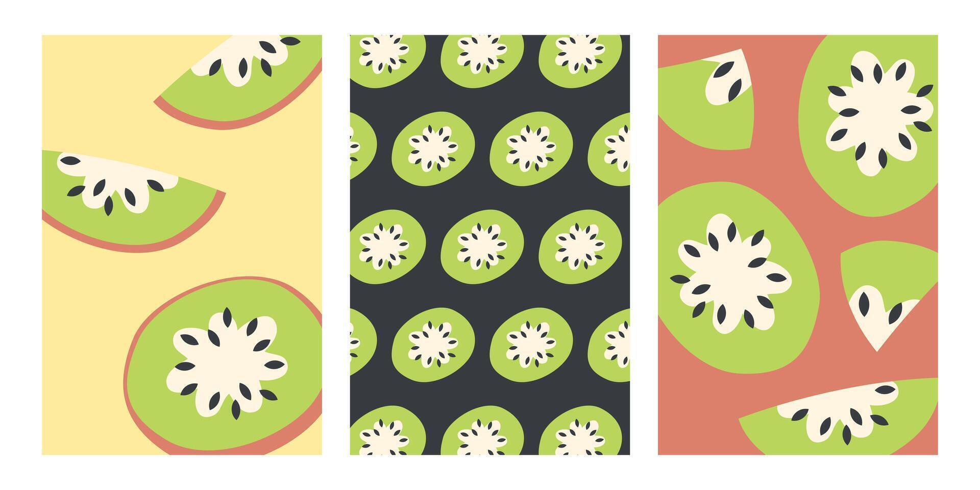 Summer vertical posters kiwi set in flat style. Perfect art background for postcard, cover, banner, sale. Hand drawn illustration. vector
