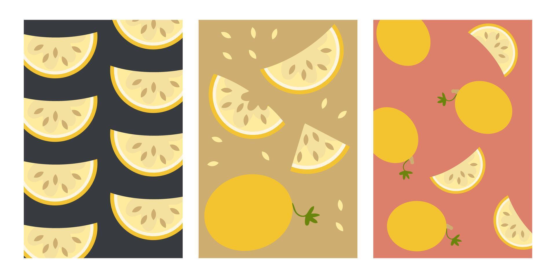 Simple summer vertical posters set with melons. Perfect background template for banner, cover, label, sale, card. Hand drawn illustration. vector