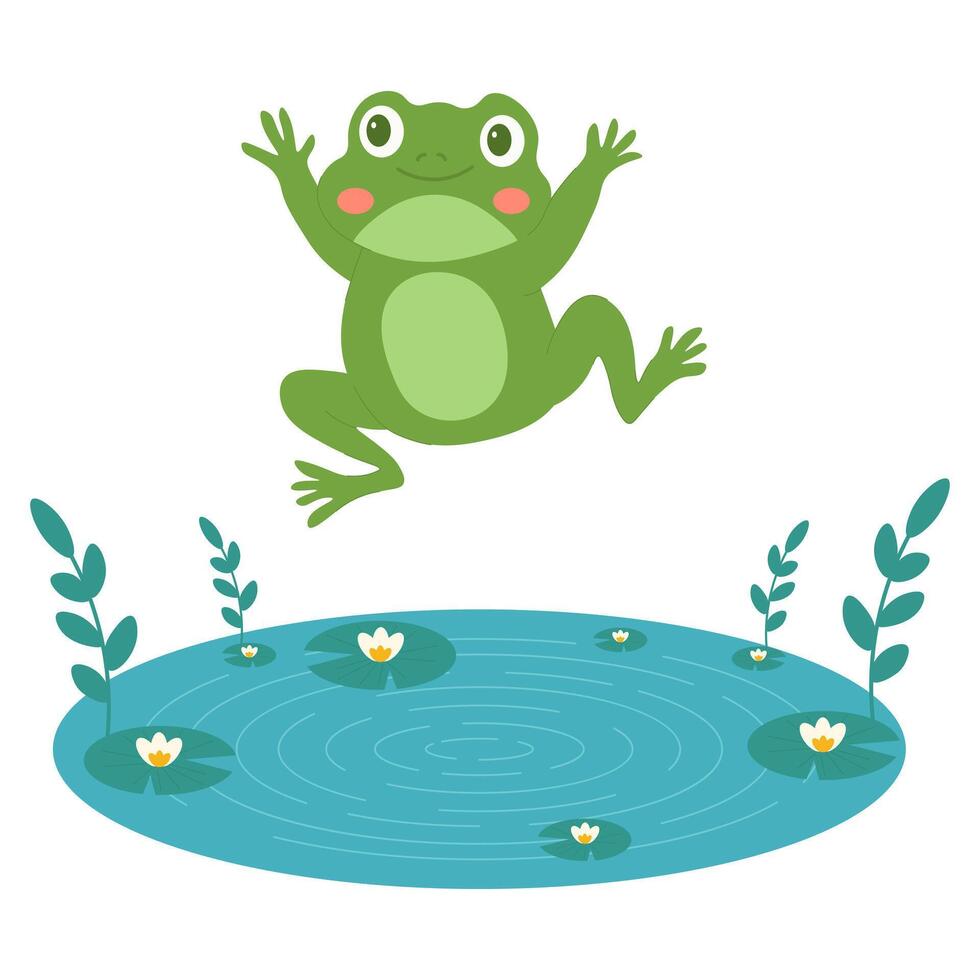 Childrens cute animal. Pretty frog jumps from the lake. Flat character for children. vector
