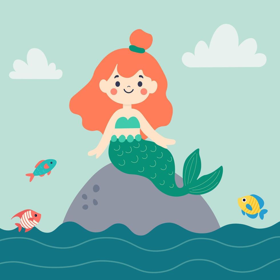 Mermaid on the stone. Flat illustration vector
