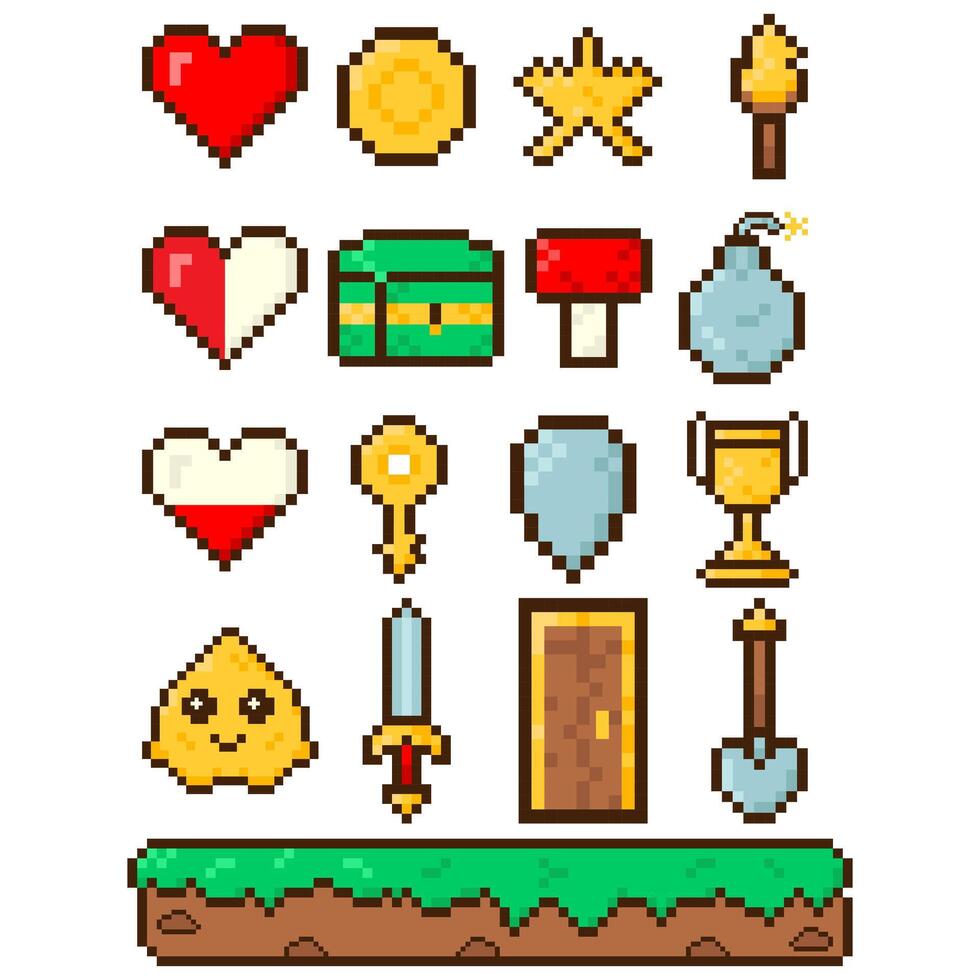 Set of elements for 8 bit games. Icon in pixel art style vector