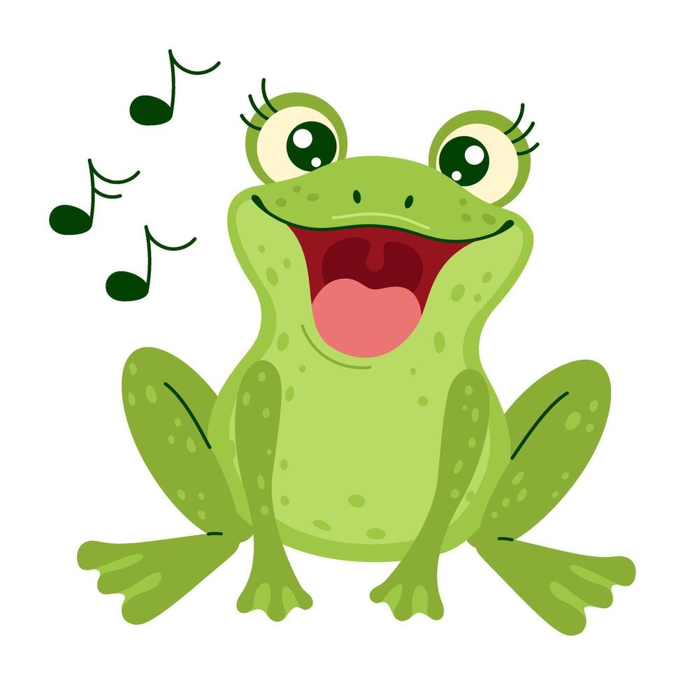 A cute green frog with large eyes and an open mouth singing, with musical notes around. The little frog is sitting and sings a happy song. Hand drawn trendy flat style isolated illustration vector