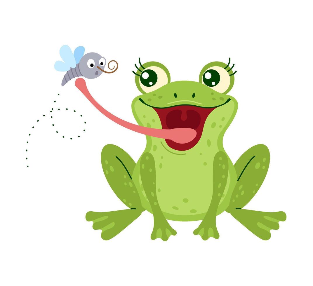 Cute green frog with big eyes and eyelashes catching mosquito with tongue. The little Cartoon frog is sitting. playful animal, nature concept Hand drawn trendy flat style isolated illustration vector