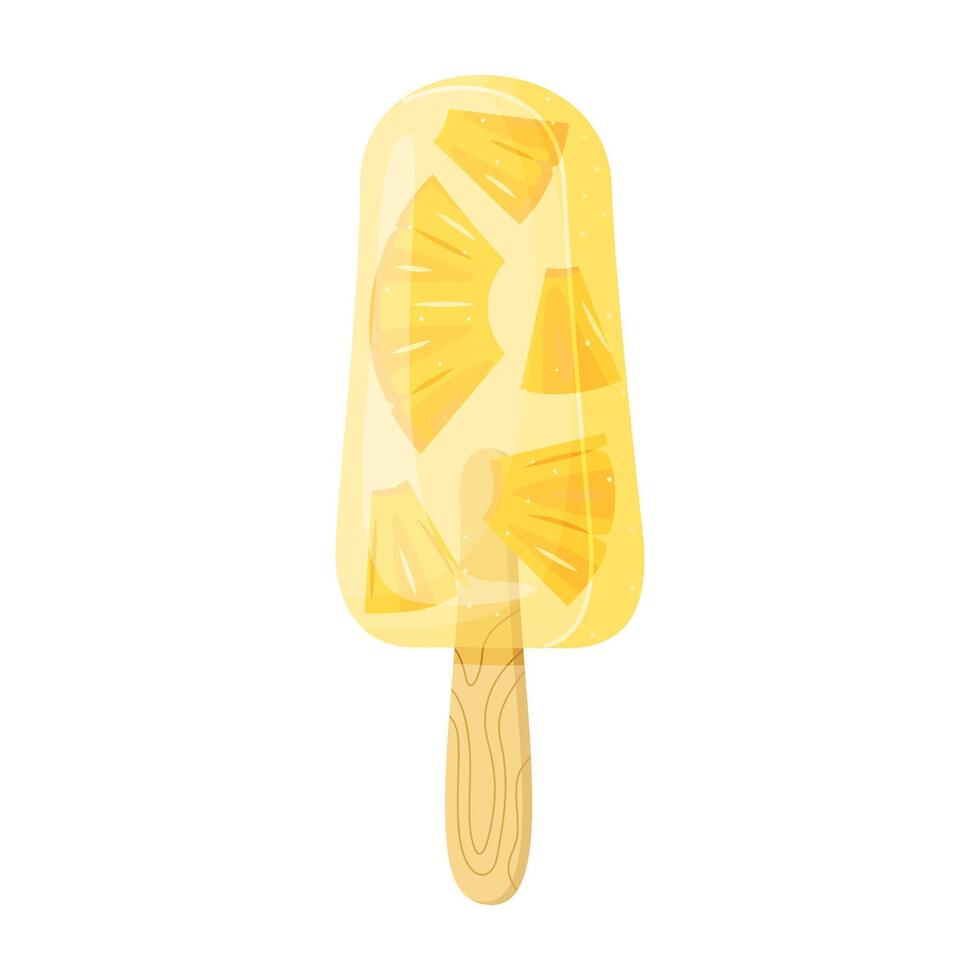 Yellow Pineapple Fruit ice cream on stick. Colorful summer dessert Frozen juice with Fruit pieces Pineapple popsicle. Hand drawn flat style isolated summery appearance illustration vector
