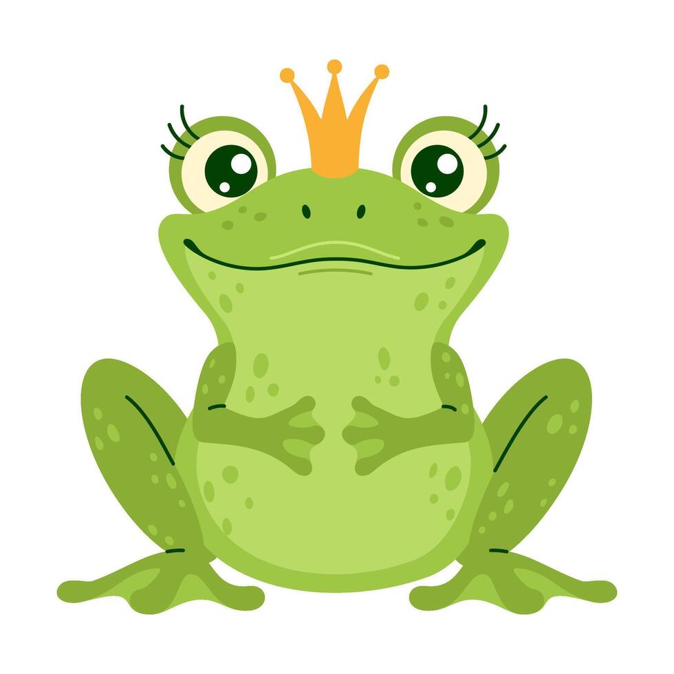Illustration of a green Frog Prince wearing a golden crown, sitting and smiling on a white background. Hand drawn trendy flat style isolated illustration. Concept of fairy tales and royalty. vector