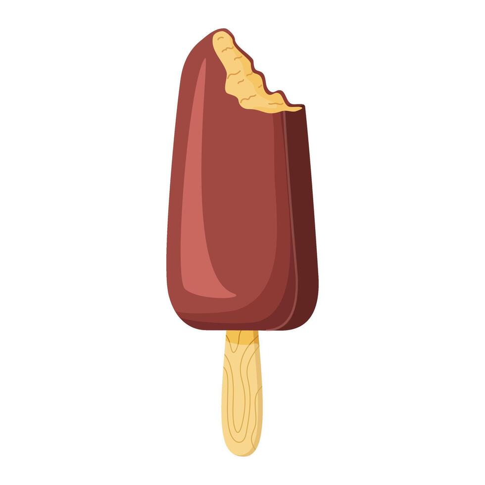 Bitten Chocolate ice cream on a stick. Delicious dessert Cool refreshing dessert. Hand drawn flat style isolated cheerful and summery appearance, whipped frozen chocolate cream illustration vector