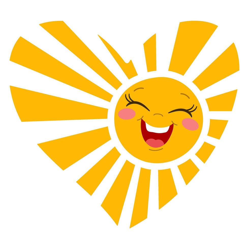 Smiling Sun in Heart Shape with Radiant Yellow Rays. cheerful sun with heart-shaped rays and a smiling face Hand drawn trendy flat style isolated. Concept of happiness and warmth illustration vector
