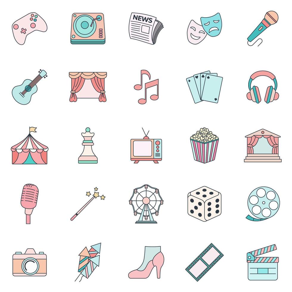Entertainment icons set, Included icons as Camera, Amusement Park, Clapperboard, Guitar and more symbols collection, logo isolated illustration vector