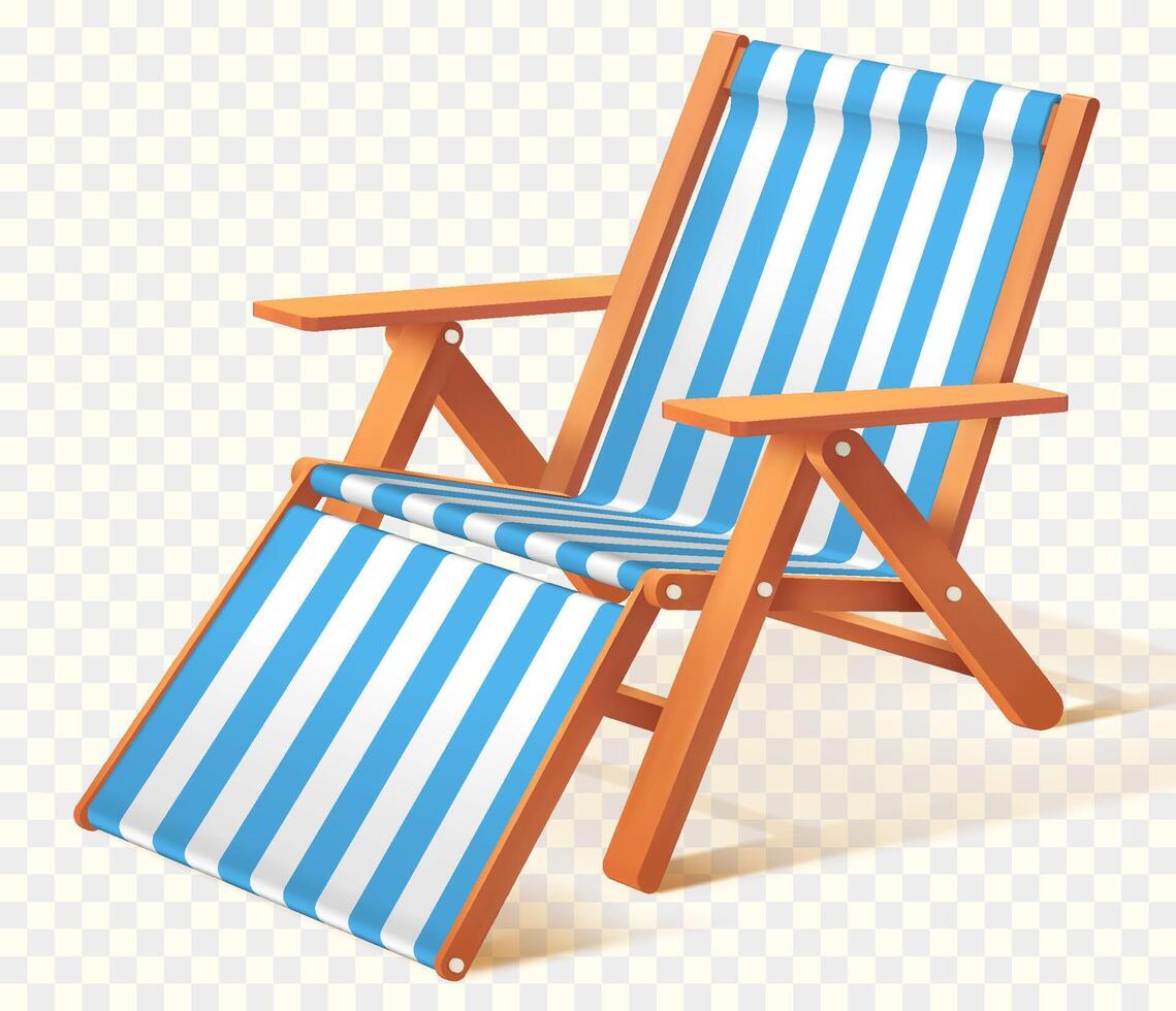 Realistic striped beach chair for relaxation. Wooden deckchair for summer leisure. Isolated vector