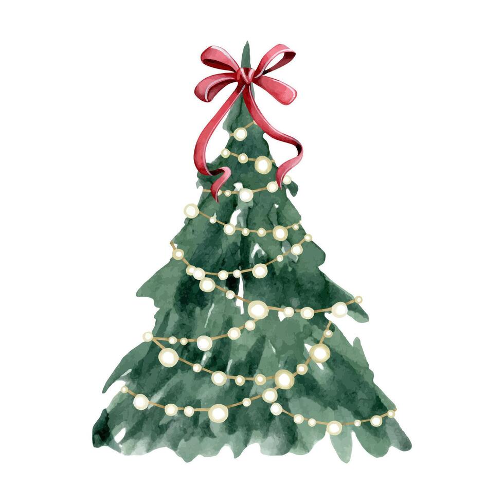 Christmas tree with festive red bow decoration on top and garland lights watercolor illustration vector