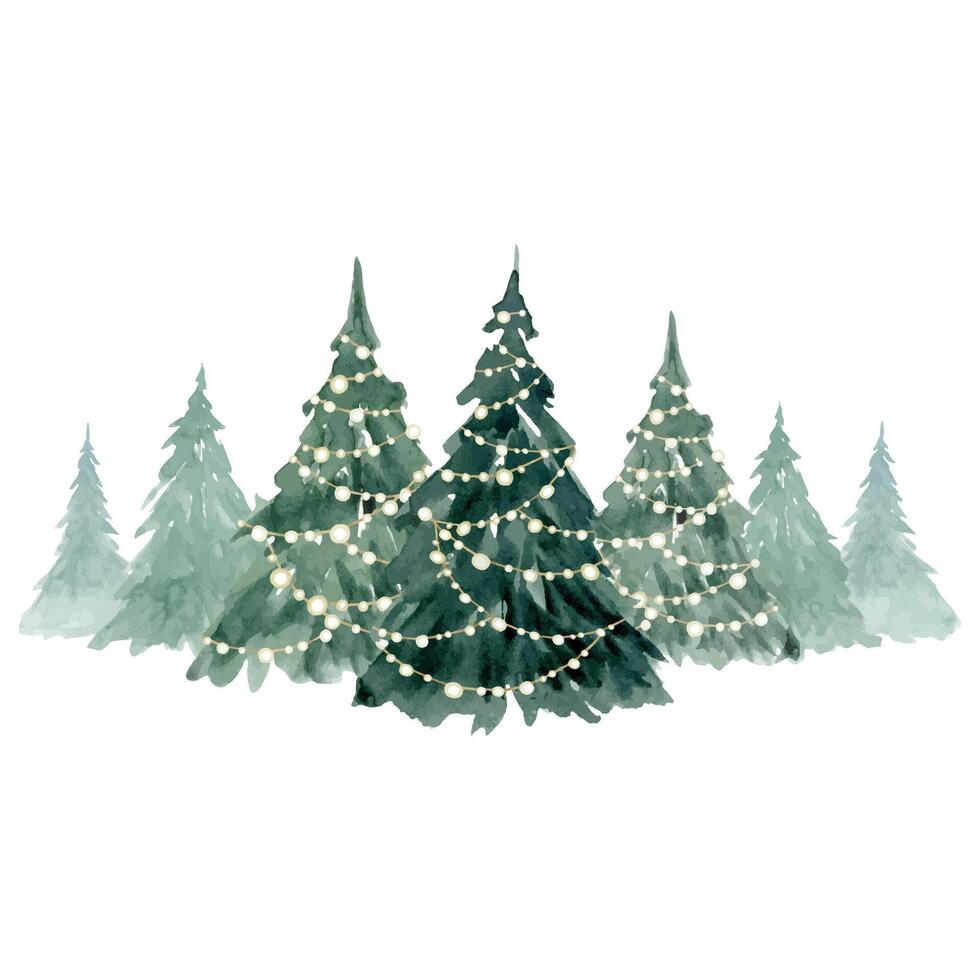 Fir trees in a row decorated with lights garlands watercolor illustration. Winter green spruce forest vector