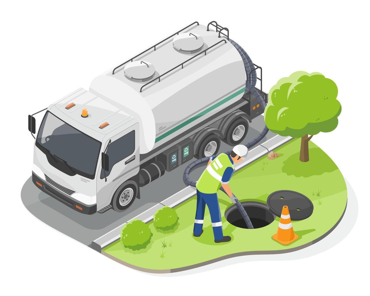 drainage Sewerage Maintenance utilities worker emptying household septic tank cleaning sludge from septic system friendly concept isometic isolated illustration vector