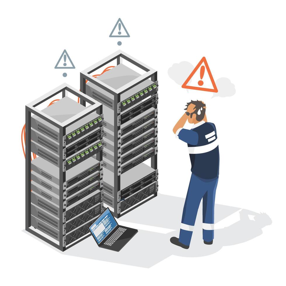 electrical engineer trobleshooting server room issues the server problem isometric isolated industrial concept illustration on white background vector