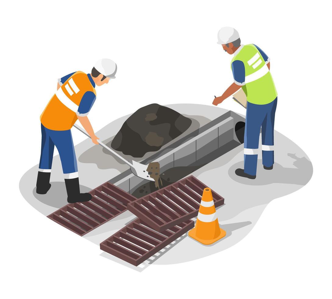drainage Sewerage pipes Maintenance and cleaning labor and inspector engineer work clean together eco Wastewater pipe industrial factory friendly concept isometic isolated illustration vector