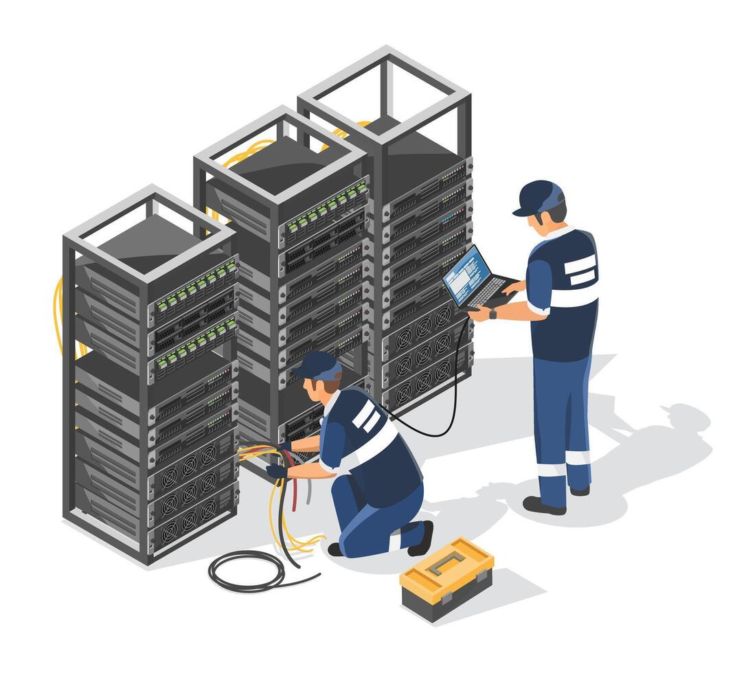 electrical engineer and it support installation setup electric system in server room isometric isolated industrial concept illustration on white background vector