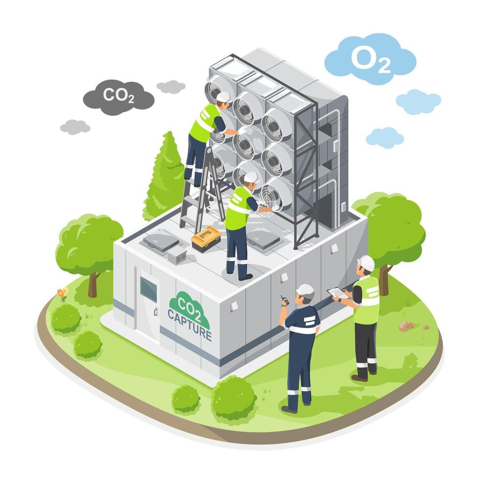 Engineer and technician maintenance service team carbon capture CO2 to O2 station eco industrial factory carbon credit friendly concept isometic isolated illustration vector