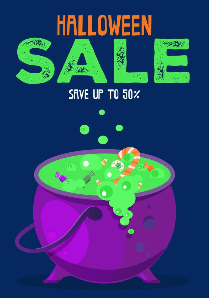 Halloween Save Up to 50 With Cauldron with green potion and candies. can use for Poster, Banner, Discount. Bright vertical template vector