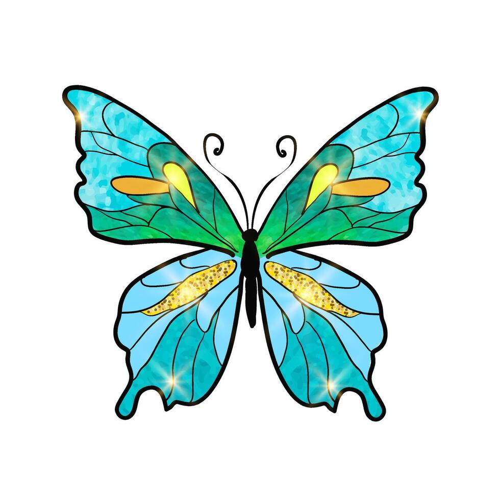Blue Green Butterfly with Beautiful gold shimmer and light on wings. Hand write illustration watercolor style. Isolated illustration on white background vector
