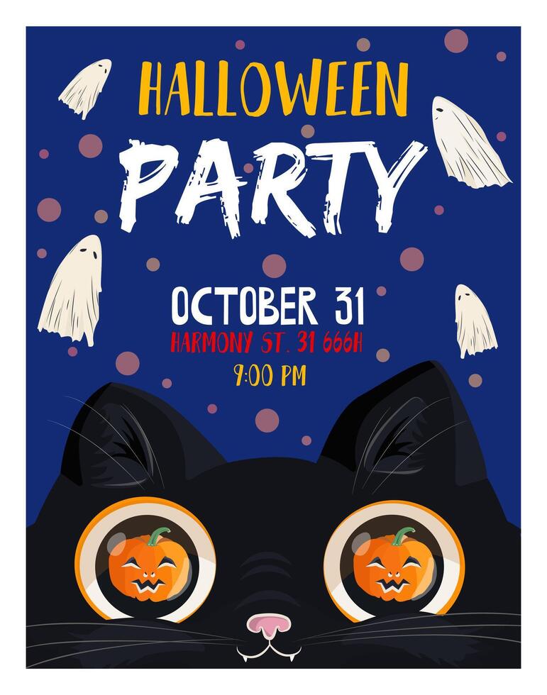 Halloween Party Flyer, cute black cat with pumpkin eyes, flying spectral ghosts and mysterious black cat. invitation poster with spooky festive characters vector