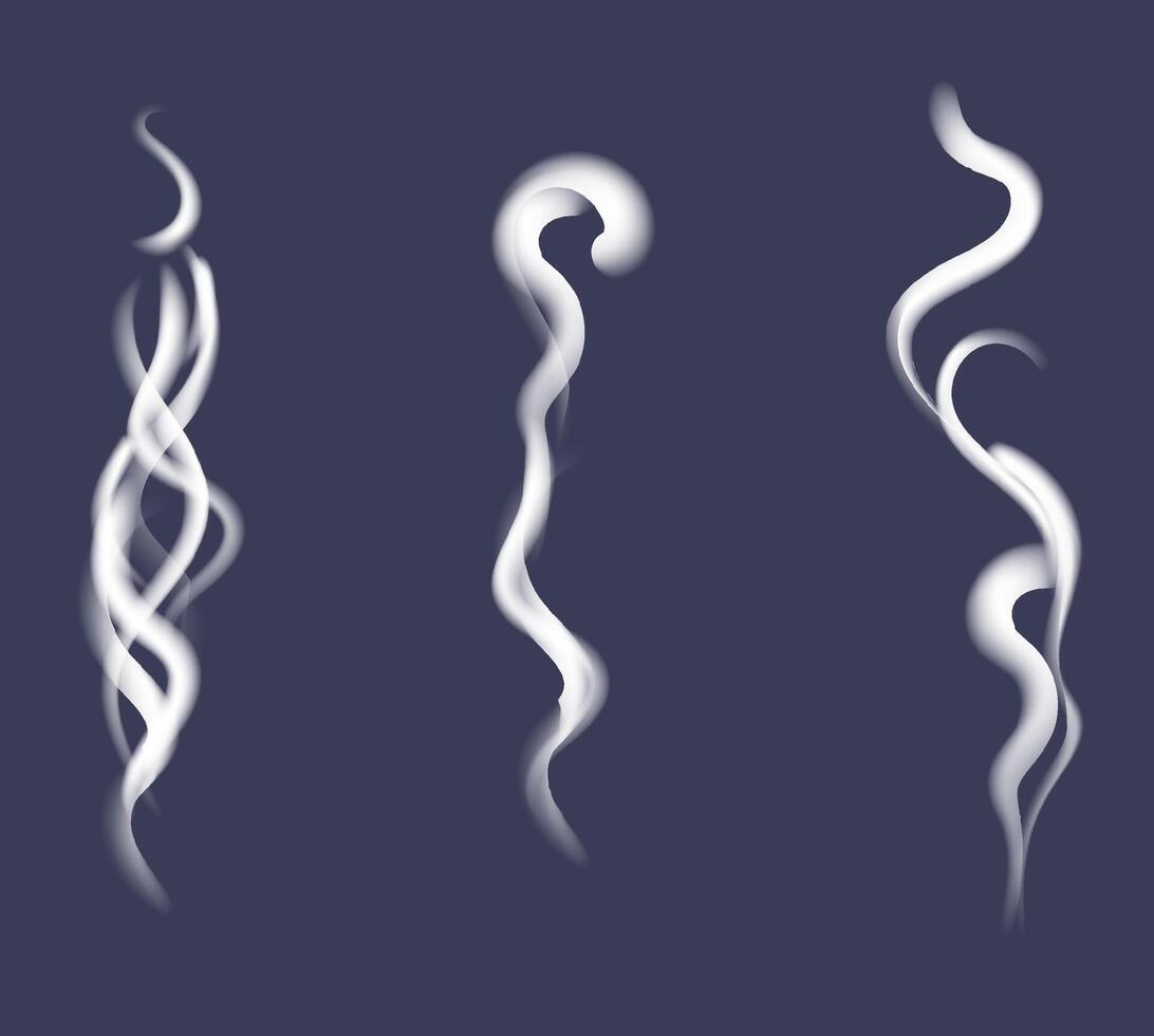 Set Smoke. isolated realistic incense or cigarette smoke waves on blue background. Decoration element for hot food, fire and frankincense vector