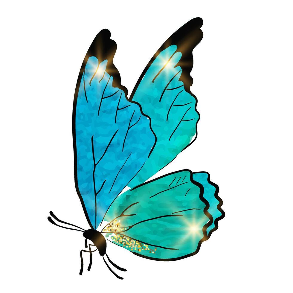 Blue Butterfly with gold shimmer and light on wings. Hand write illustration watercolor style. Isolated illustration on white background vector