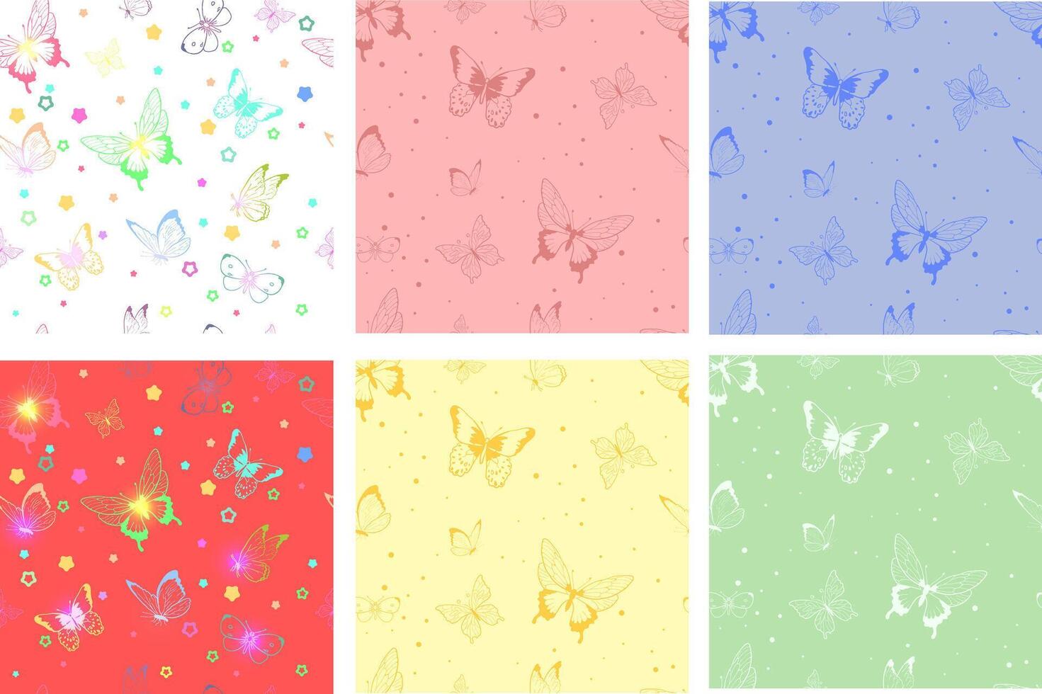Collection of seamless wallpapers with an illustration of butterflies on a different background. illustration vector
