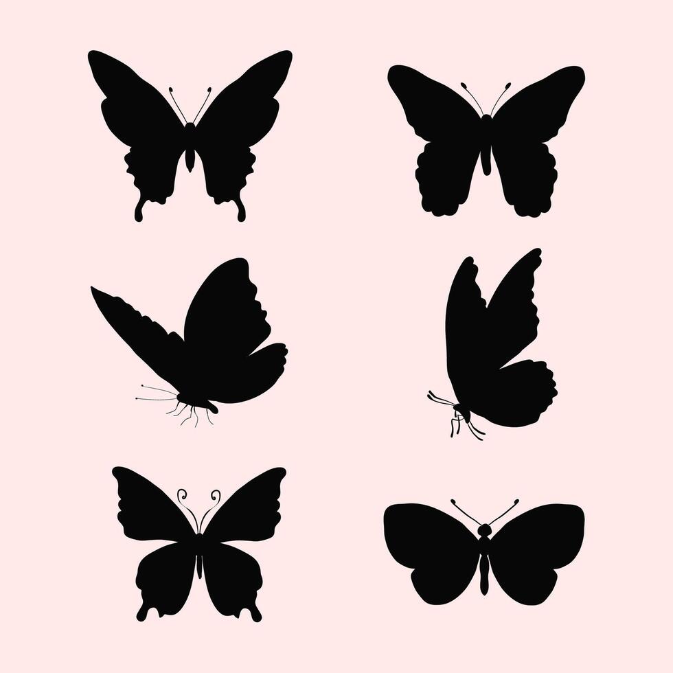 Butterflies set, black silhouettes on Pink background. Elements for icon, print, logo. Simple isolated design vector