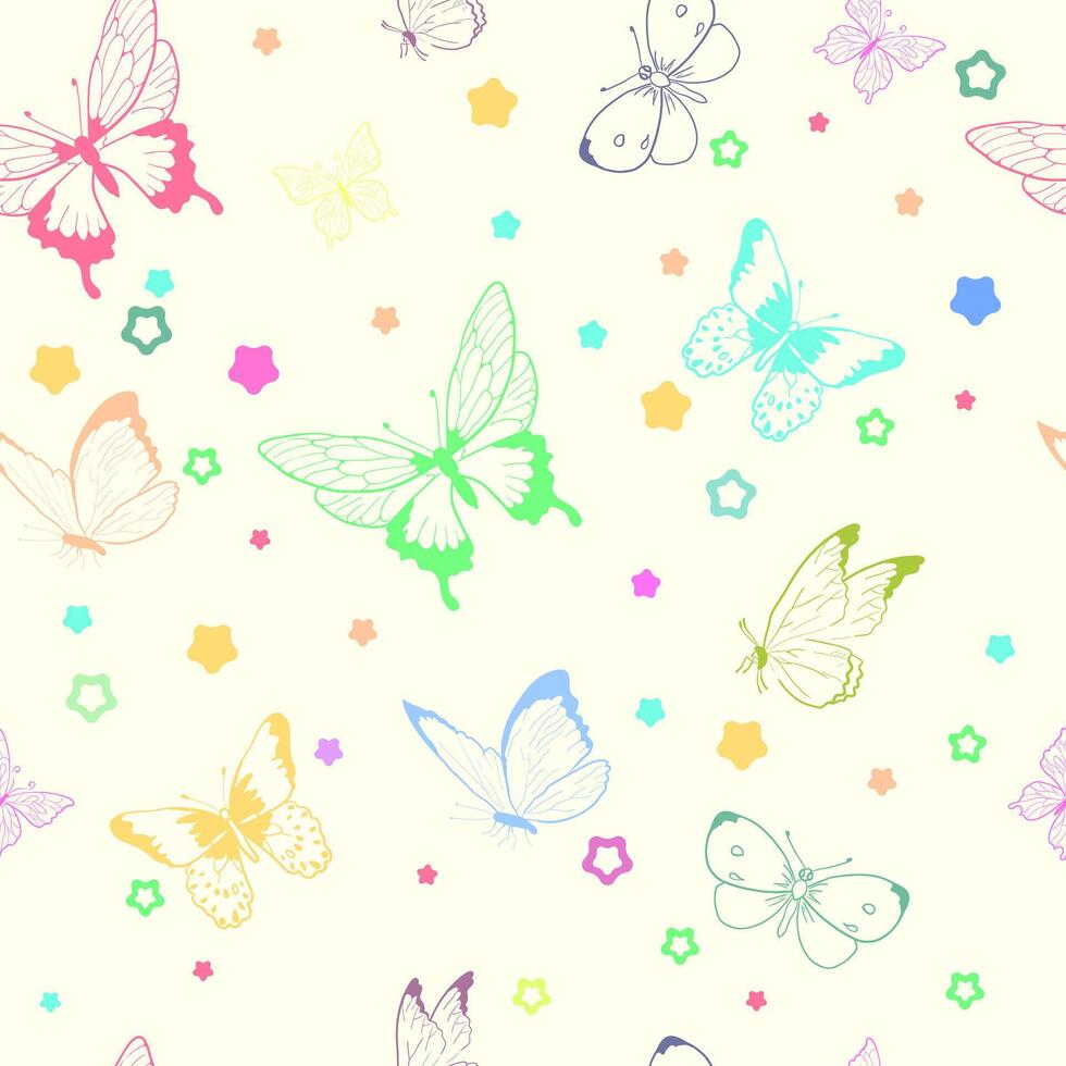 Butterfly seamless repeat pattern pastel design on white background. Random colorful butterfly silhouette, cute girly pastel pattern vector