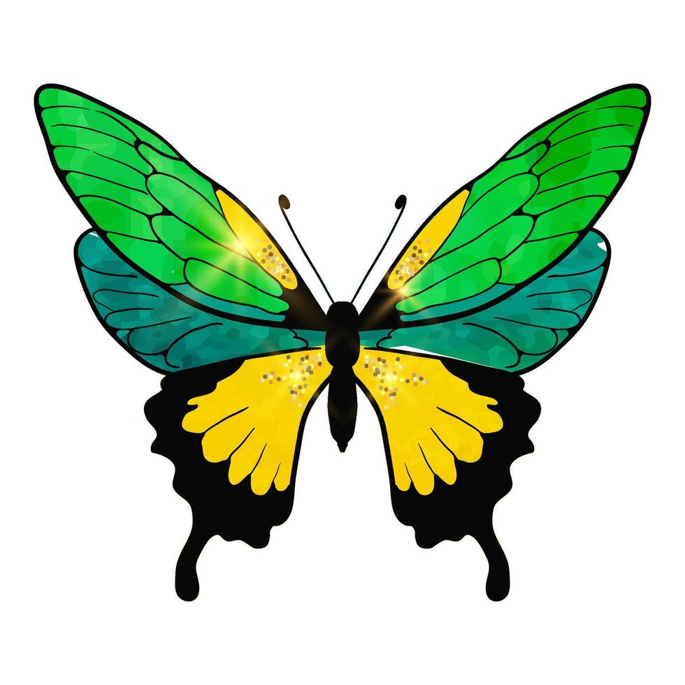 Butterfly Green, Watercolor bright with gold glitter . Isolated hand drawn design element for scrapbooking or printing on clothes. illustration. Summer vibe insect on white background vector