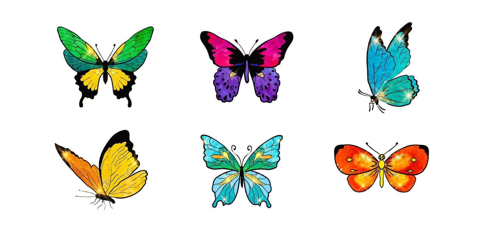 Colorful Beautiful butterflies watercolor isolated on white background. Blue, green, orange, purple and pink butterfly. Spring or summer animal illustration vector