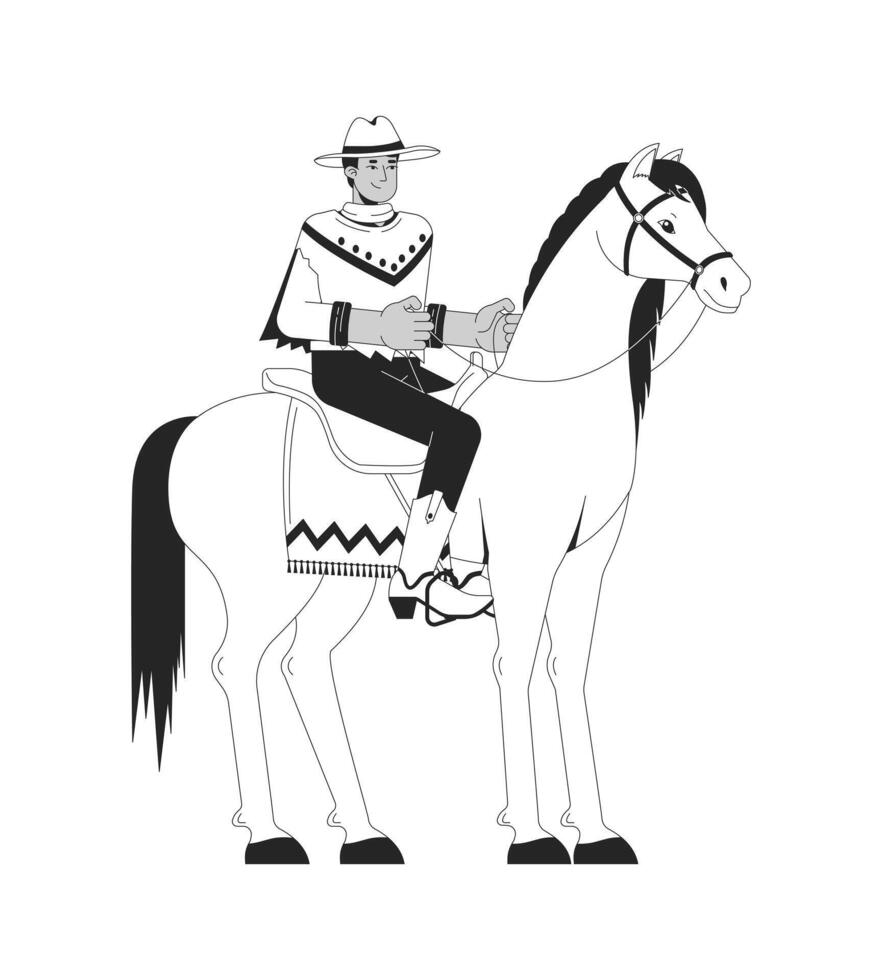 Indian man in cowboy suit riding horse 2D cartoon character. Hindu male equestrian training isolated flat person white background. Old fashioned cowman at farm color spot illustration vector