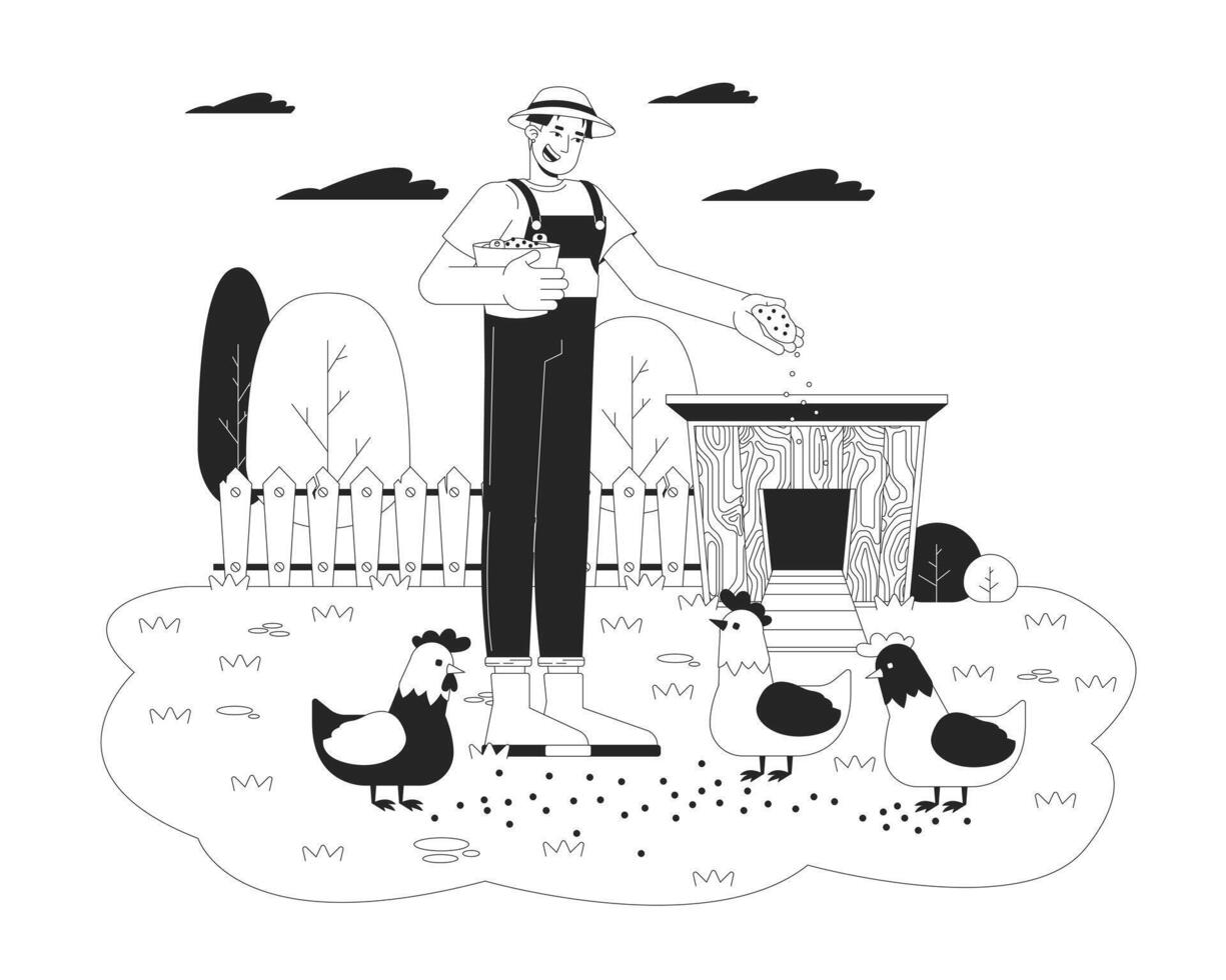 Asian man feeding chickens black and white flat line illustration. Cheerful japanese male farmer taking care of farm birds 2D lineart character isolated. Agriculture monochrome outline image vector