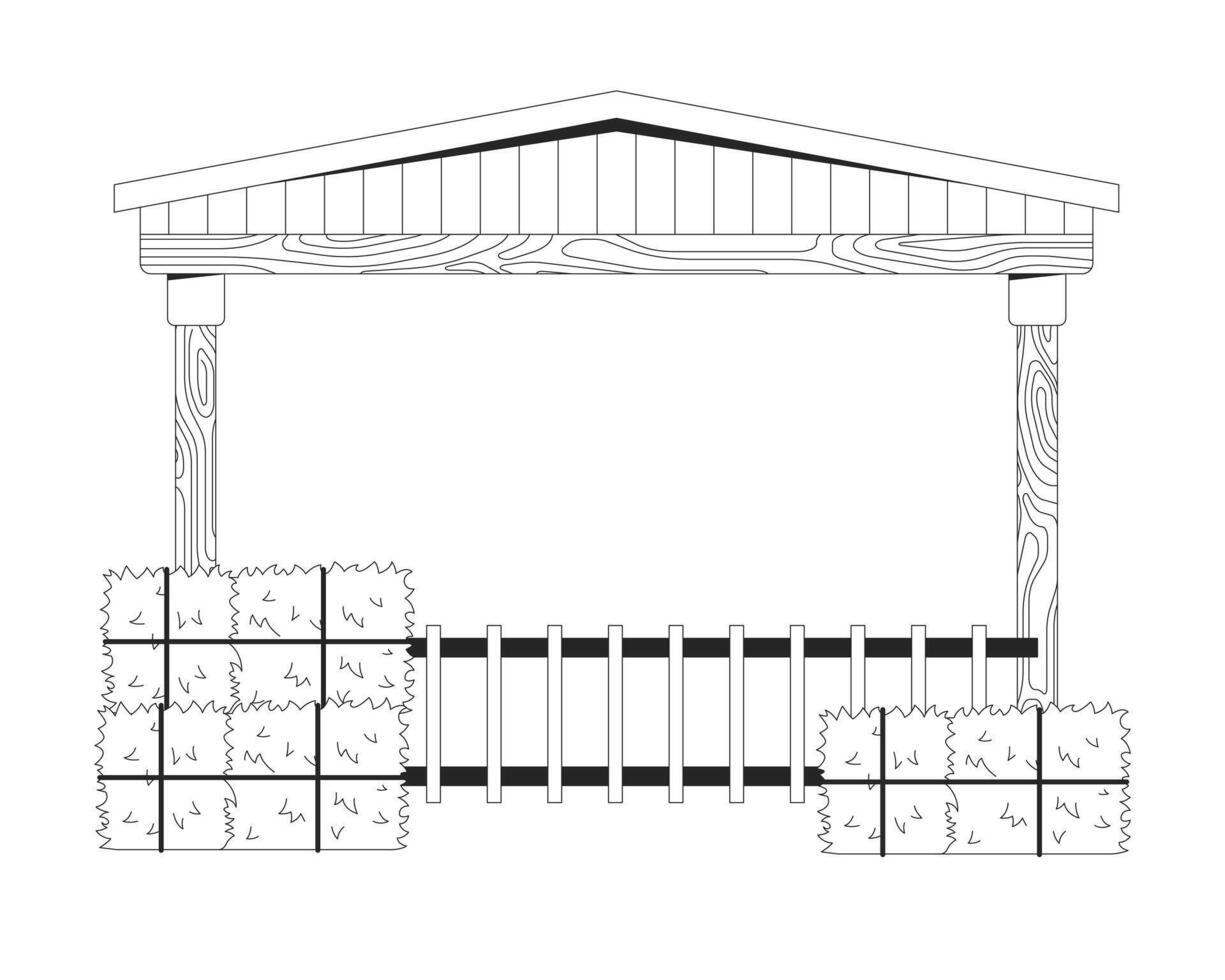 Barn for cattle at farm black and white flat line illustration. Building for hay storing and animals living 2D lineart objects isolated. Agricultural architecture monochrome outline image vector