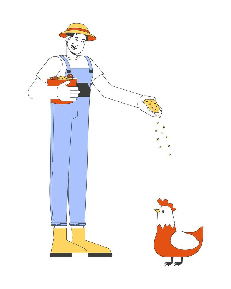Happy asian man farmer feeding chicken 2D cartoon character. Korean male giving grains to hen isolated flat person white background. Poultry farm routine work color spot illustration vector