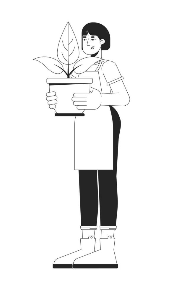 Asian woman holding houseplant 2D cartoon character. Happy caucasian female with potted plant isolated flat person white background. Home garden cultivation color spot illustration vector
