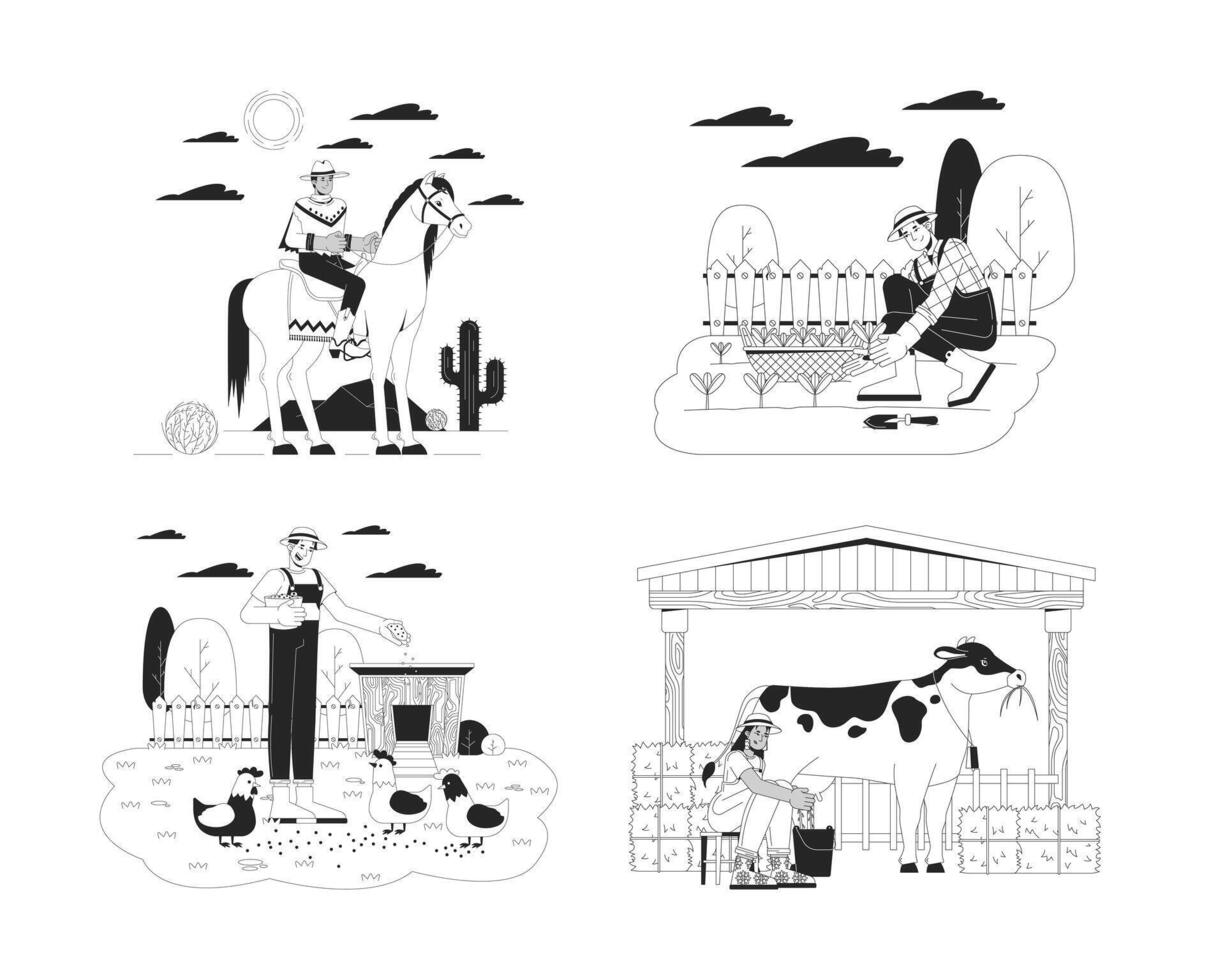 Agricultural activities black and white flat line illustration set. Multiethnic farmers working with plants and animals 2D lineart characters isolated. Farming monochrome outline image bundle vector